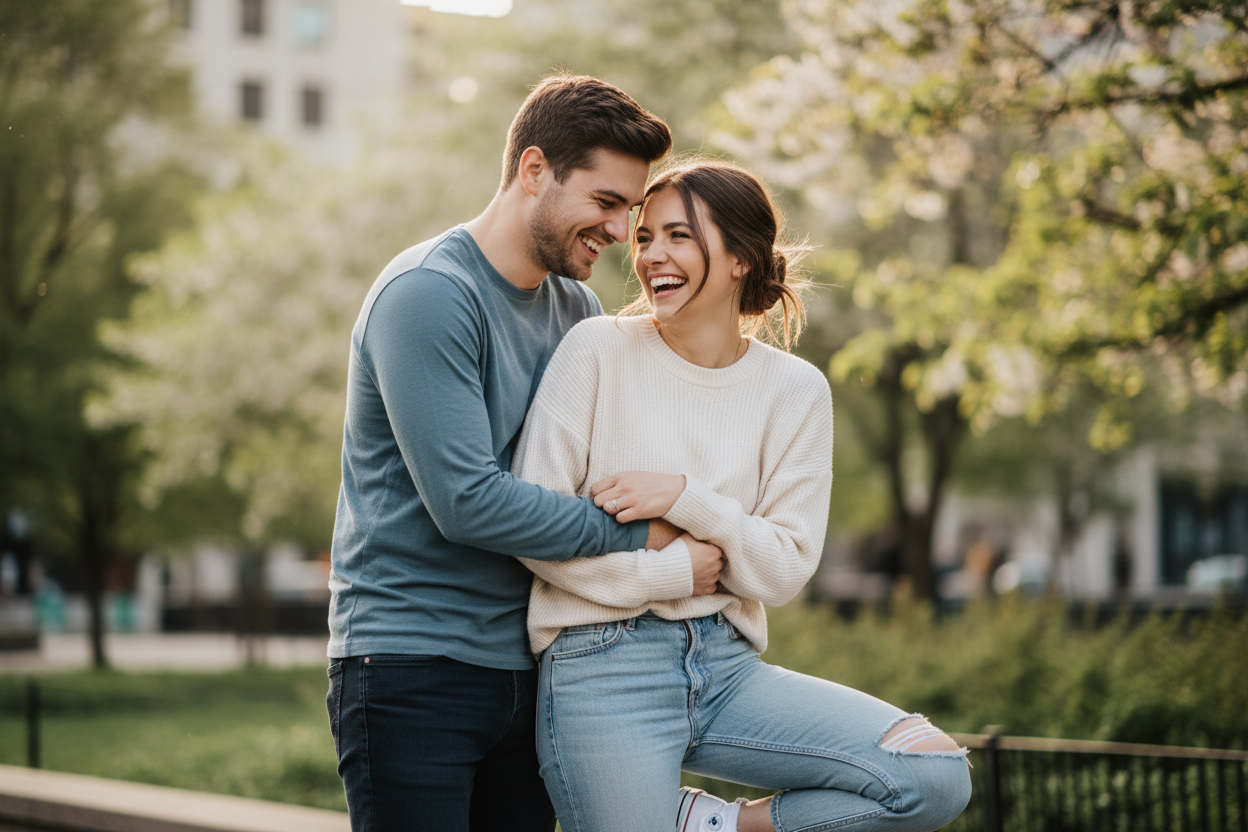 a couple  wearing casual clothing and smiling